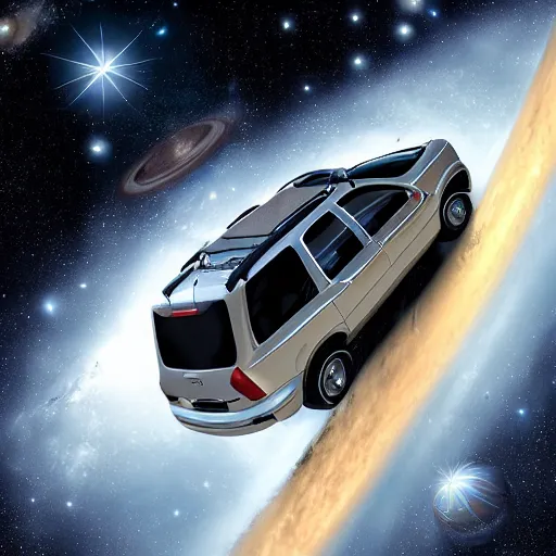 Prompt: a 2 0 0 3 mercury mountaineer flying through space, amazing detail, photorealistic, space photography,