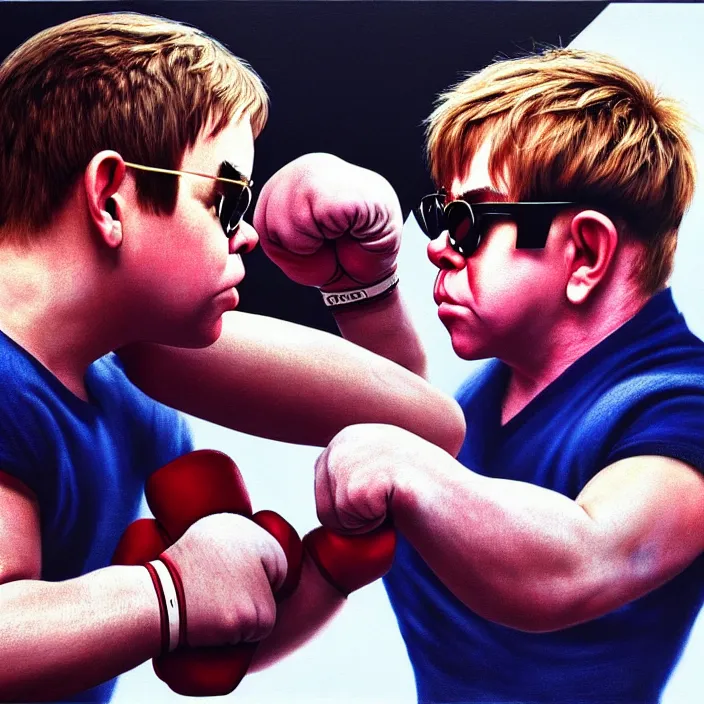 Image similar to young elton john fighting someone with his fists, realistic, very coherent, hyper realism, high detail, 8 k