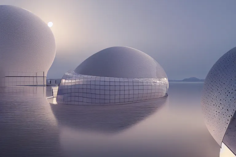 Prompt: the buildings of sejima and pierre cardin, which are formed by the intersection of many white egg shaped spherical spaces, are on the calm lake, human perspective, future, interior wood, marble, award winning, highly detailed 4 k art, dusk, unreal engine highly rendered, global illumination, radial light, internal environment by kazuyo sejima