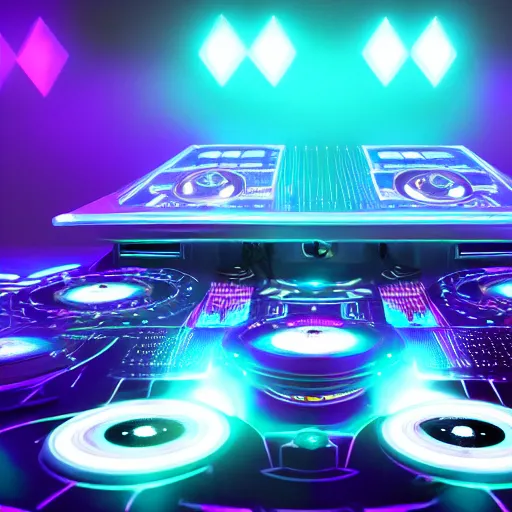 Image similar to hologram dj club stage from the future. alien dj turntables. gigantic speakers with lasers and lights. octane render 4k