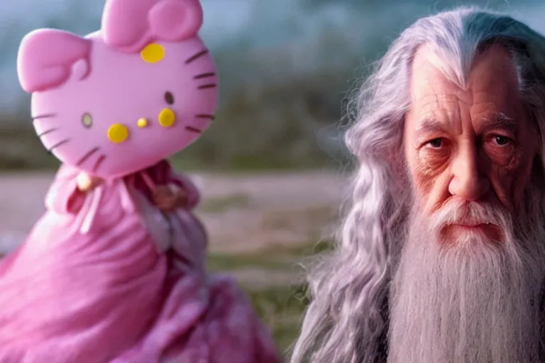 Prompt: portrait of Gandalf wearing pink Hello kitty costume, serene expression, sunrise, movie still from Lord of the Rings, cinematic