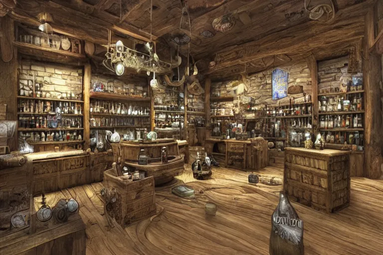 Prompt: Potion Shop|Fantasy|Magic Wands|Bubbling Cauldron|Herbs|Ointments|Elixirs|Parchment Rolls|Different types of Glass bottles|Dark Wood Interior|Enchanted Atmosphere. Photo-realistic UHDR, hyperrealism, very detailed, cinematic,