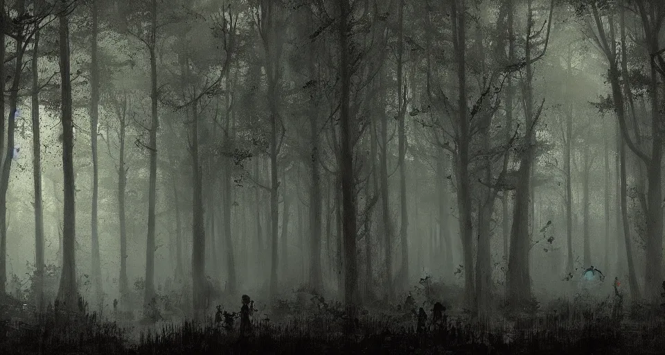 Image similar to A dense and dark enchanted forest with a swamp, by JAKUB ROZALSKI