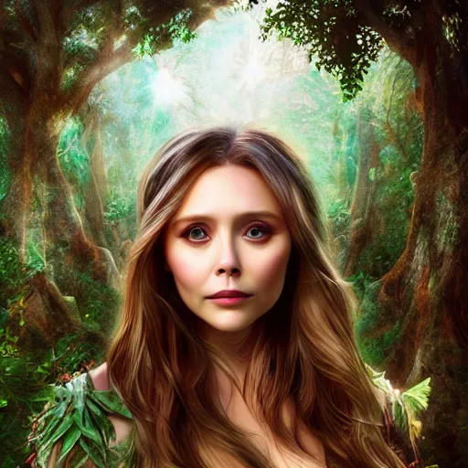 Prompt: Elizabeth Olsen as a nymph, mystical forest, digital art