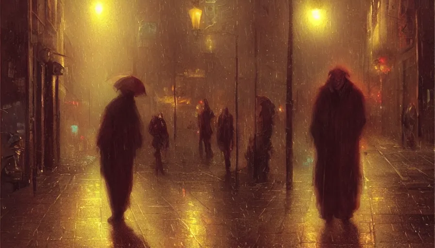 Image similar to Homeless man with divine glowing eyes begging for money in a raining dark city alley by Marc Simonetti and Delphin Enjolras