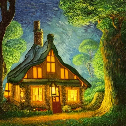 Image similar to mysterious detailed painting of a cozy english cottage in the woods at night, surrounded by giant glowing mushrooms, in the style of studio ghibli and moebius and claude monet and edward hopper and vincent van gogh