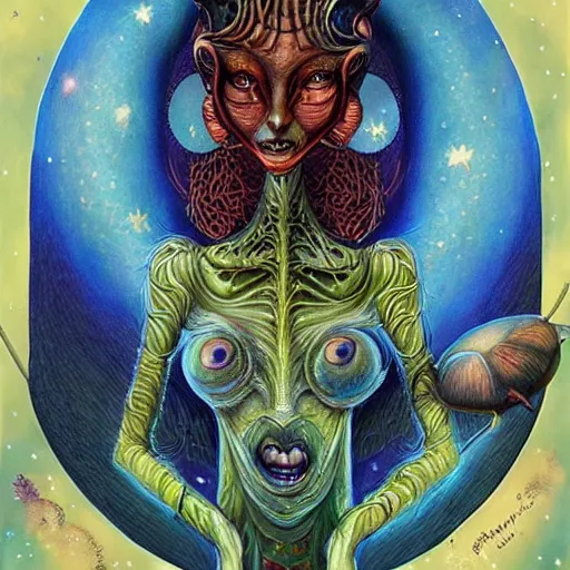 Prompt: surreal portrait of alien wizardess, artwork by Daniel Merriam,