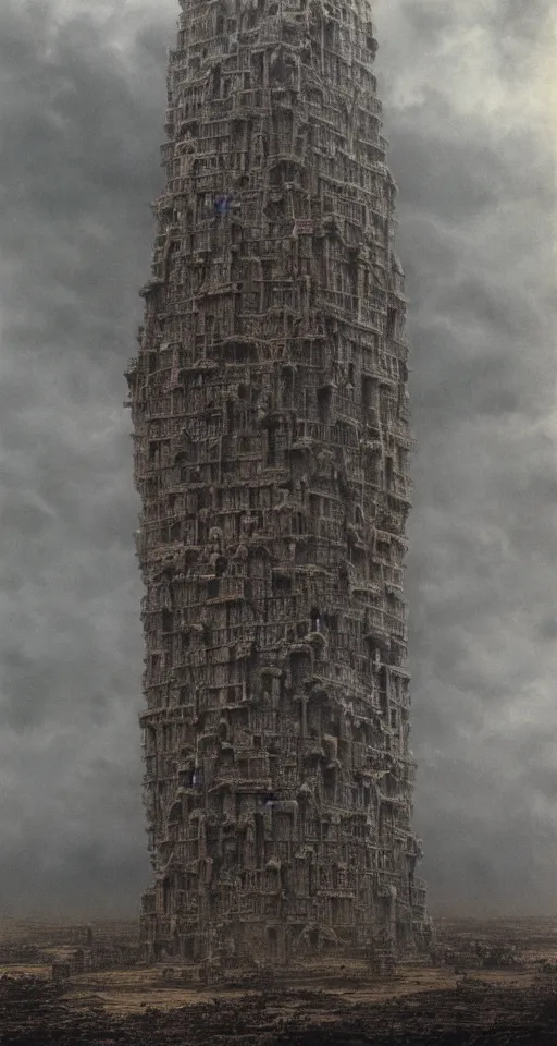 Image similar to babylon tower made of human bodies surrounded by clouds, photoreal, 8 k, hd, professional illustration, by beksinski and dore