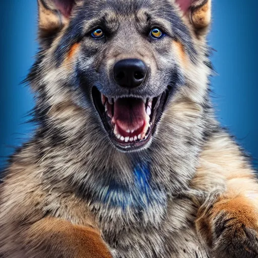 Prompt: 4 k high resolution, hdr photo of an animal hybrid of a blue german shepherd and a blue fox, with blue fur and blue eyes, award winning studio photography