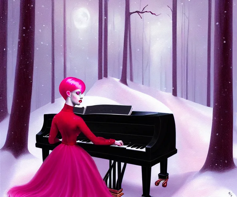 Image similar to a painting of a beautiful face gothic girl, pink hair in a stunning red dress playing a piano in the dark snowy forestby randolph stanley hewton, cg society contest winner, matte painting