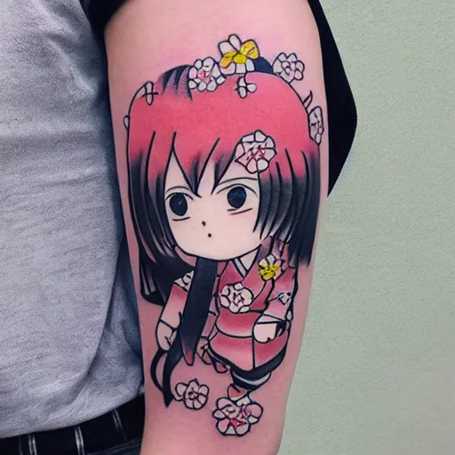 Image similar to japanese female samurai anime ninja schoolgirl, chibi, japanese anime girl Sakura flowers by Hayao Miyazaki, chibi ninja schoolgirl, kill me baby tattoo on upper arm