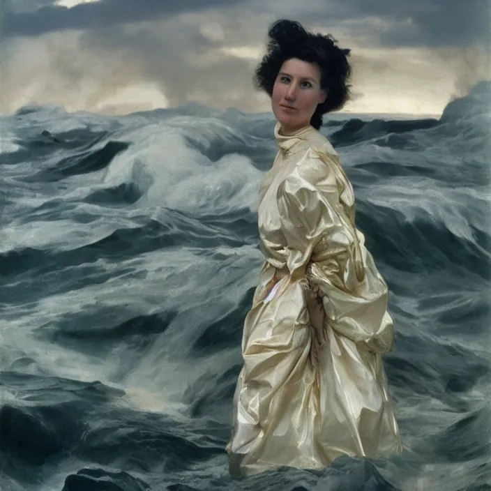 Image similar to a closeup portrait of a woman wearing wrapped in plastic, standing in front of a giant tsunami wave, color photograph, by john singer sargent, canon eos c 3 0 0, ƒ 1. 8, 3 5 mm, 8 k, medium - format print