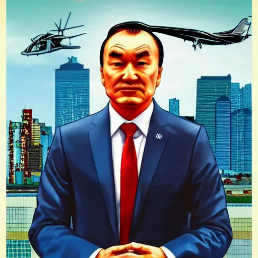 Image similar to Nursultan Nazarbayev in style of a GTA poster