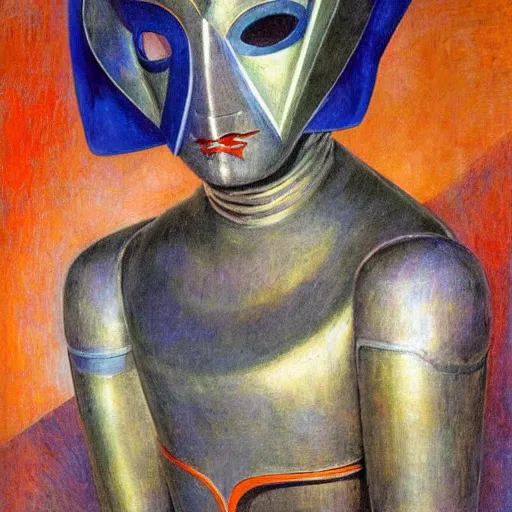 Image similar to the last guest in her Art Deco robot mask, by Annie Swynnerton and Diego Rivera, symbolist, dramatic lighting, elaborate geometric ornament, god rays, soft cool colors,smooth, sharp focus, extremely detailed, Adolf Wölfli