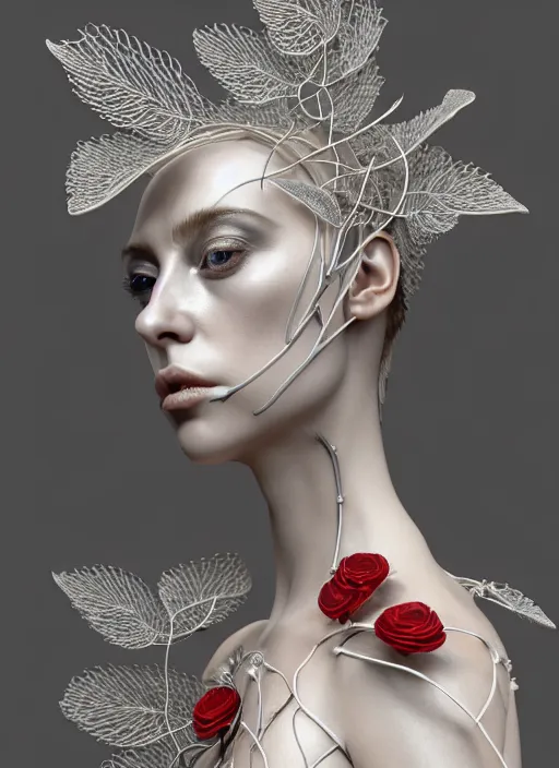 Image similar to complex 3d render ultra detailed of a beautiful porcelain profile woman face, mechanical vegetal cyborg, 150 mm, beautiful natural soft light, rim light, silver gold details, magnolia big leaves and stems, roots, fine foliage lace, mesh wire, Alexander Mcqueen haute couture, lady Gaga style, intricate details, hyperrealistic, mandelbrot fractal, anatomical, red lips, silver metal armor, facial muscles, cable wires, microchip, elegant, white background, octane render, H.R. Giger style, 8k