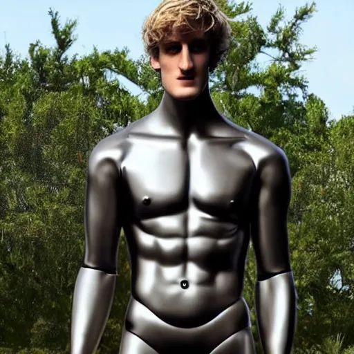 Prompt: a realistic detailed photo of a guy who is an attractive humanoid who is half robot and half humanoid, who is a male android, boxer and youtuber logan paul, shiny skin, posing like a statue, blank stare, by the pool, on display