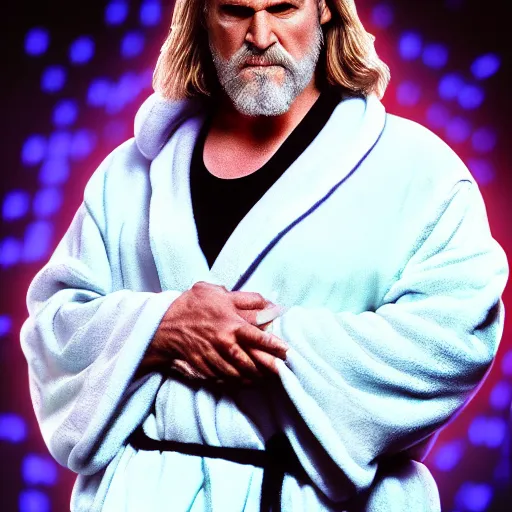 Image similar to dude lebowski dressed in bathrobe played by jeff bridges, stuck in tron realm, photorealistic movie still, detailed 8 k, poster style, high resolution