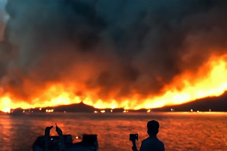 Prompt: a tourist taking a photo of a boat on fire in naples, cinematic shot, foggy, photo still from movie by denis villeneuve