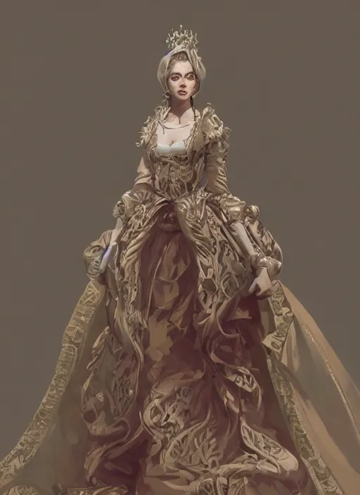 Image similar to hyper realistic photo of baroque luxury fashion queen full body, symmetric, rule of thirds, cinematic, artstation, cgsociety, greg rutkowski, james gurney brom