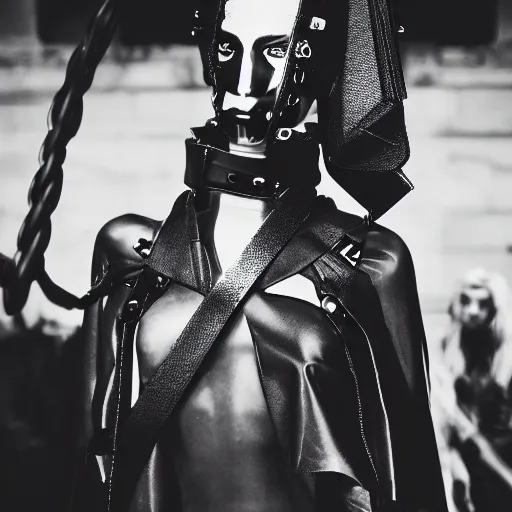 Image similar to fashion photography of an extraterrestrial model, holding a leather whip, wearing demobaza fashion, inside berghain, berlin fashion, harness, futuristic fashion, dark minimal outfit, photo 3 5 mm leica, hyperdetail, berghain, 8 k, very detailed, photo by nick knight