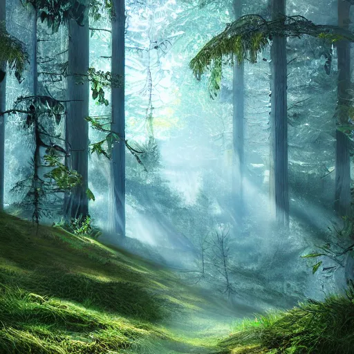 Prompt: a clearing in a forest, digital art, highly detailed, realistic, bright colors, 8 k, trending on artstation, studio lighting