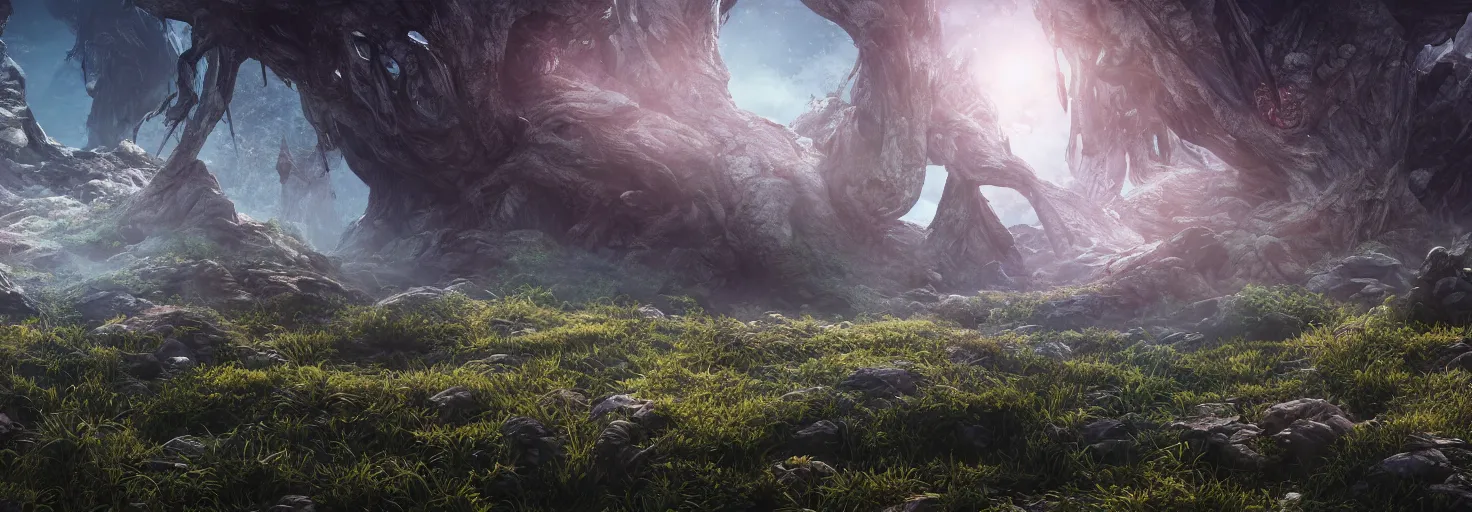 Image similar to alien planet : octane render landscape : flora and fauna : mathew o : aleksandr pronin!!! | humble : 3 d render : octane render : ue 5 : 3 d graphic : android jones