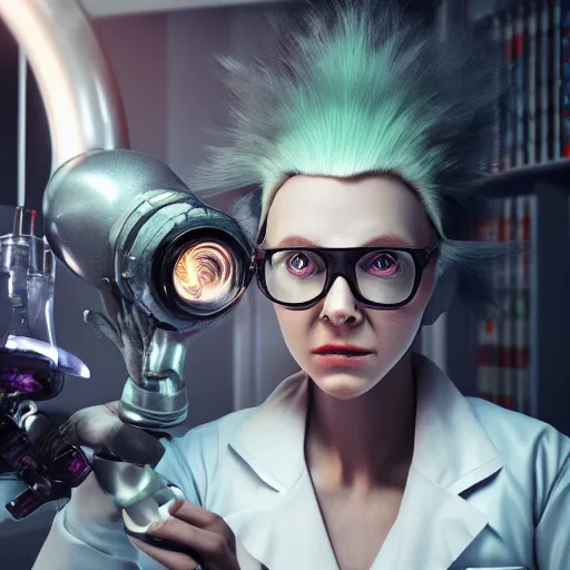 Image similar to A female mad scientist in a futuristic setting. 8k, Octane Render, High Detail.