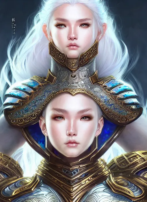 Image similar to warrior, intricate ornate opal heavy armor!!! beautiful and athletic white hair female!! gorgeous face and eyes!! character concept art, sharp focus, octane render! unreal engine 5! highly rendered!! trending on artstation!! detailed linework!! illustration by artgerm, wlop, and chie yoshii