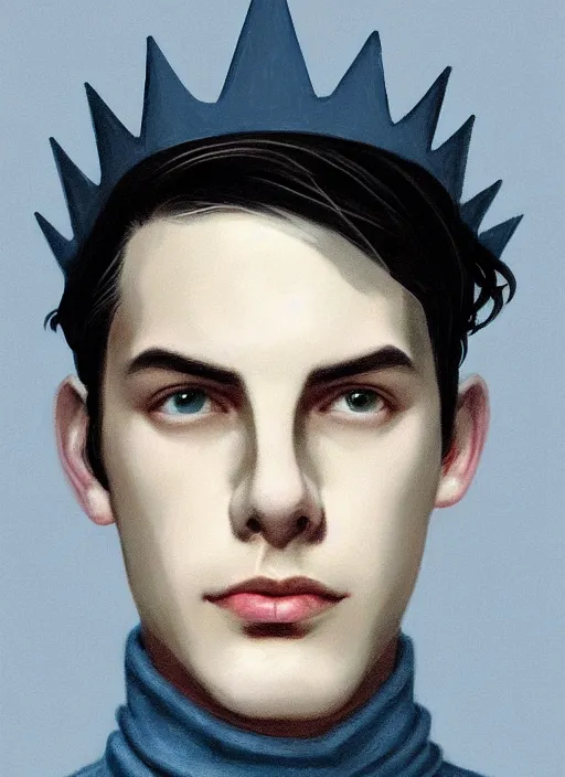 Image similar to portrait of teenage jughead jones wearing a light grey crown, crown, blue turtleneck, 1 9 5 0 s, closed eyes, photorealistic, black hair, glowing lighting, intricate, elegant, glowing lights, highly detailed, digital painting, artstation, concept art, smooth, sharp focus, illustration, art by wlop, mars ravelo and greg rutkowski