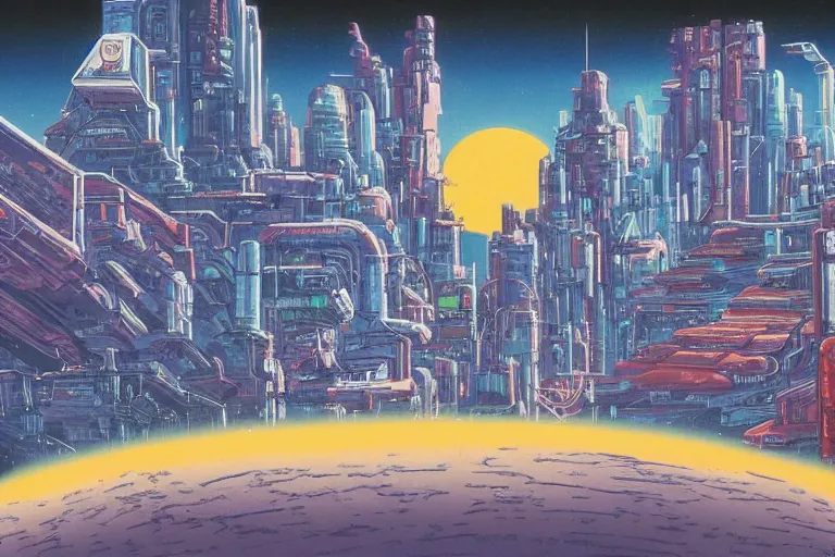 Image similar to 1 9 8 0 s science fiction anime background painting of an alien planet metropolis cityscape