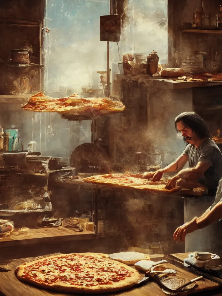 Prompt: a portrait of sad nick cave baking pizza in a painting from stalenhag, 4 k, 8 k, hdr, artstation, concept art