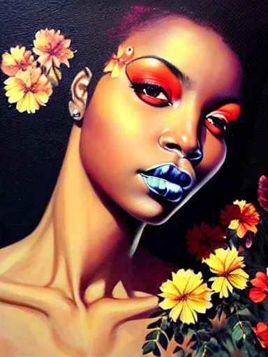 Image similar to portrait of a gorgeous black woman with a floral background : : painted by artgerm, karol bak, artur bordalo, sandra chevrier : : portrait, character, illustration, hyperrealism, photorealism