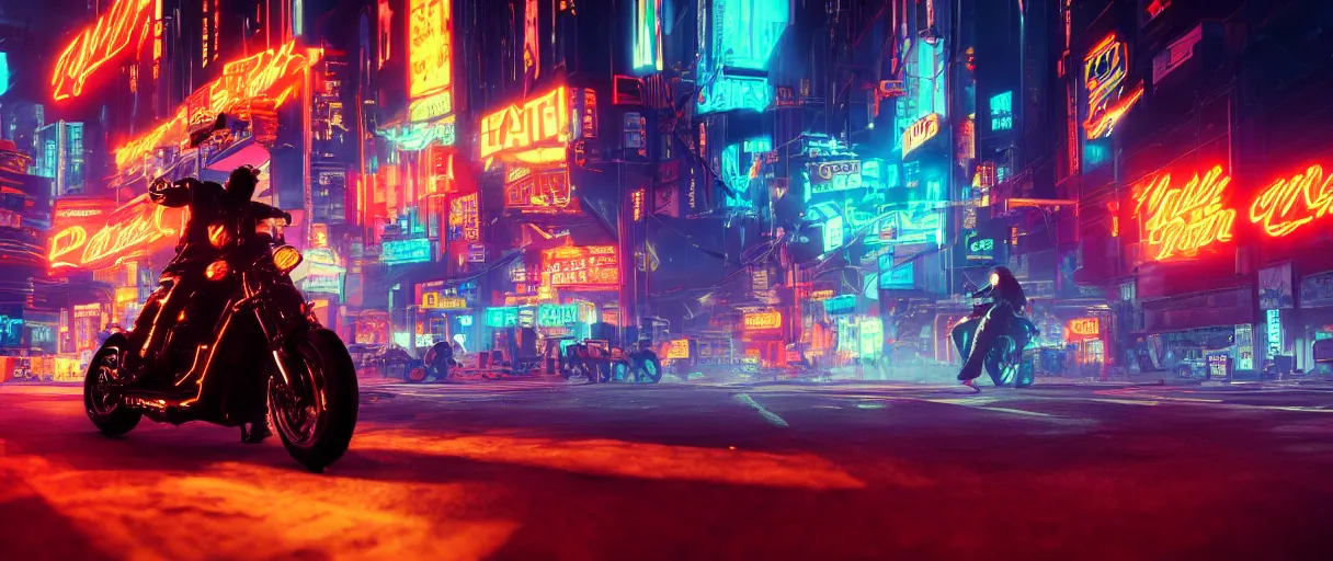 Image similar to a leather-clad thief on a motorcycle making a getaway in a glowing neon cyberpunk city at night by Karl Thiart, unreal engine, cinematic atmosphere, close up viewed from below