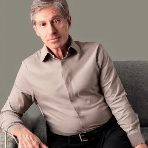 Image similar to full body photo of steve, mature male, mysterious face. he is a doctor. he is sitting gracefully on a sofa, elegant slim beige shirt, tight shirt, big, firm, soft, bouncy belly