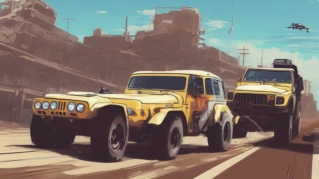 Image similar to digital illustration of mad max's fj 4 0 pursuit special, the last v 8 interceptor driving down a deserted cyberpunk highway in the middle of the day by studio ghibli, anime style year 2 0 9 3, by makoto shinkai, ilya kuvshinov, lois van baarle, rossdraws, basquiat