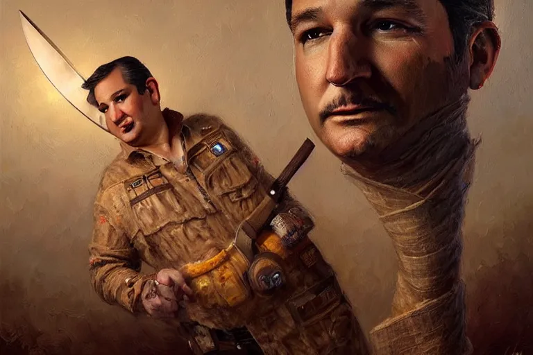 Prompt: portrait of ted cruz wearing a burlap sack with a knife at night in texas, an oil painting by ross tran and thomas kincade