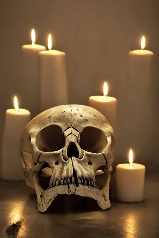 Image similar to animal skull with candles set in its eye sockets, haunting, dim lighting, atmospheric,