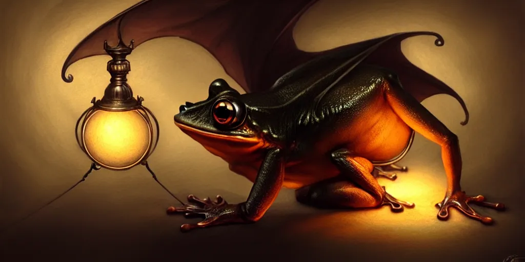 Prompt: a bat frog holding a lamp by justin gerard, concept art, creature design, sharp focus, trending on artstation, hyper realism, 8 k, hyper detailed, ultra detailed, highly detailed,