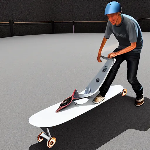 Prompt: Tony hawk using a ironing board in a skatepark, photorealism, high detail, 4k