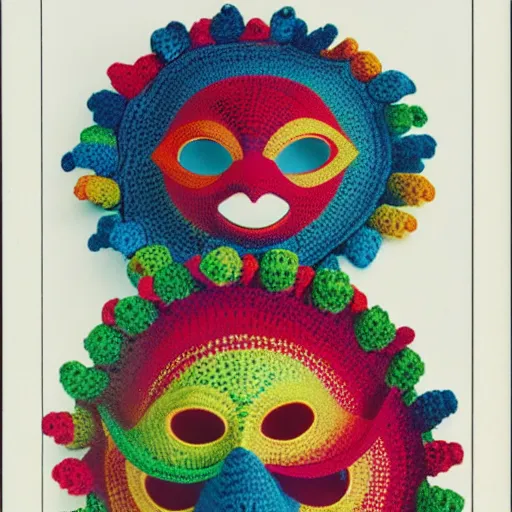 Image similar to multicolored crocheted mask, 1 9 8 0 s catalogue photo