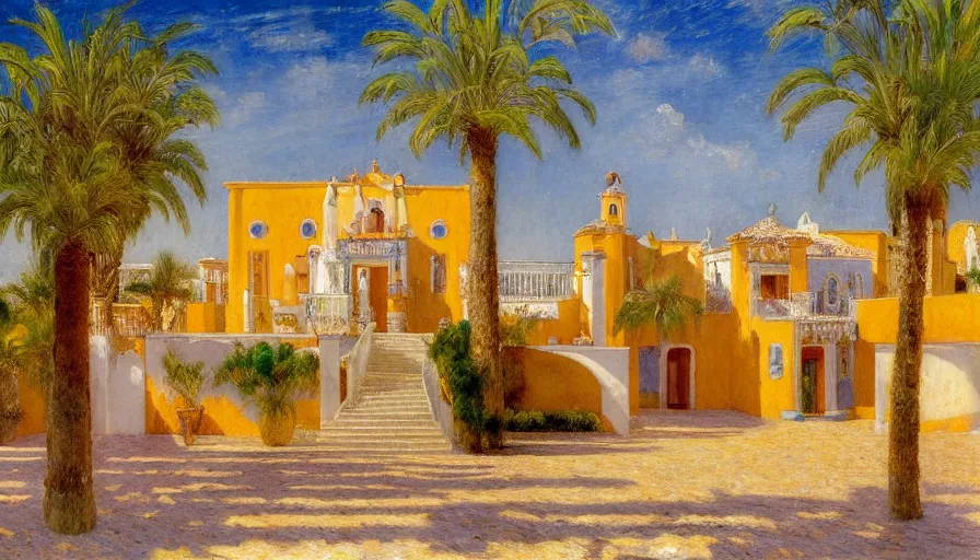 Image similar to a 1 9 9 8 southern spain palace!!! costa blanca, designed by cheval michael, bispo do rosario, arnold bocklin, tarsila do amaral and gustave baumann, jules bastien - lepage, warm, mediterranean, star, sharp focus, colorful refracted sparkles and lines, soft light, 8 k 4 k