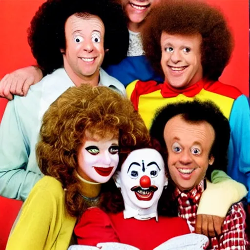 Image similar to vintage 1 9 8 0's sitcom publicity photo, a happy photogenic family and richard simmons as a clown inside a 1 9 8 0's sitcom living room, correct faces, symmetrical faces