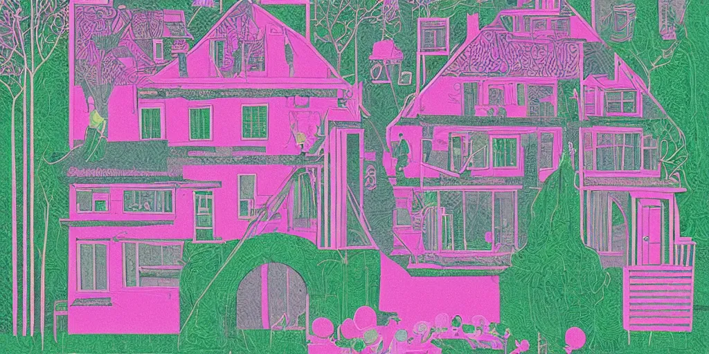Image similar to a pink and green illustration of a house, a storybook illustration by muti and tim biskup, featured on dribble, arts and crafts movement, behance hd, storybook illustration, dynamic composition