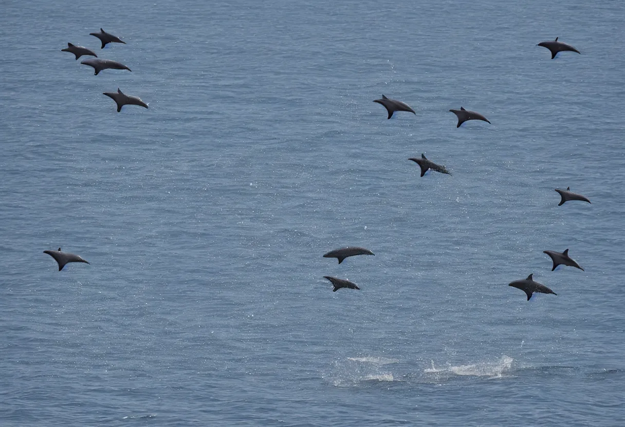 Image similar to dolphins flying through the sky in the gobi desert, stunning photograph