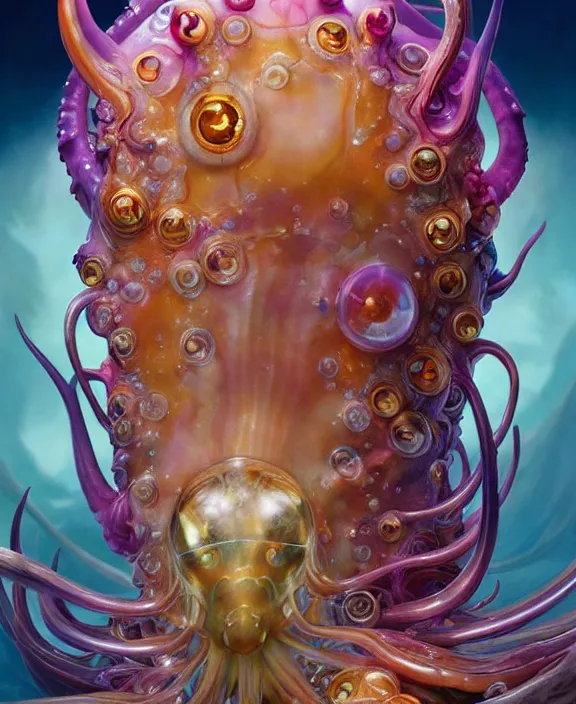 Image similar to intricate colorful transparent portrait of a terrifying beautiful alien sea slug, horns, mottled coloring, adorable, childlike, anxiety environment, ultra realistic, concept art, art nouveau, photorealistic, octane render, 8 k, unreal engine. art by christopher marley and artgerm and greg rutkowski and alphonse mucha