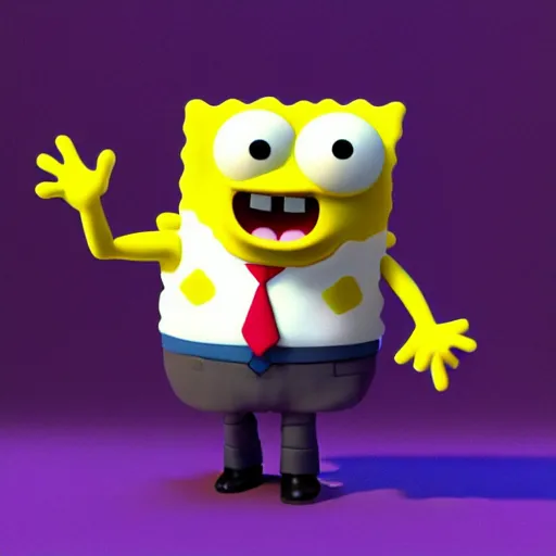 Prompt: cute spongebob in a suit while holding a at - 1 5, cartoon, digital art, 3 d rendered in octane, pixar character, blender, maya, shadows, lighting depth of view