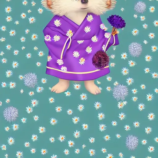 Image similar to adorable hedgehog in a kimono, holding a purple dandelion, art, digital art