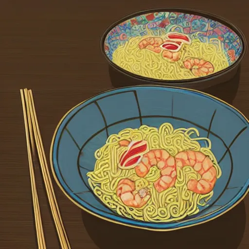 Image similar to illustration of noodles bowl with shrimps on makisu in traditional japan style, by makoto shinkai and takashi takeuchi