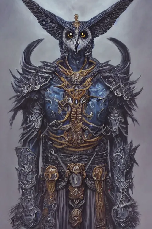 Image similar to full body concept art of owl wear baphomet armor made with porcelain by jeff easley and peter elson, beautiful eyes and face, symmetry face, galaxy, gothic, surreal, dread, highly detailed, intricate complexity, epic composition, magical atmosphere, masterpiece, award winning, trending on artstation