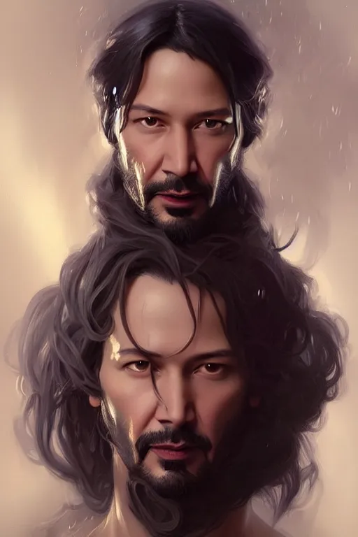 Image similar to Portrait of Keanu, D&D, face, fantasy, intricate, elegant, highly detailed, digital painting, artstation, concept art, smooth, sharp focus, illustration, art by artgerm and greg rutkowski and alphonse mucha